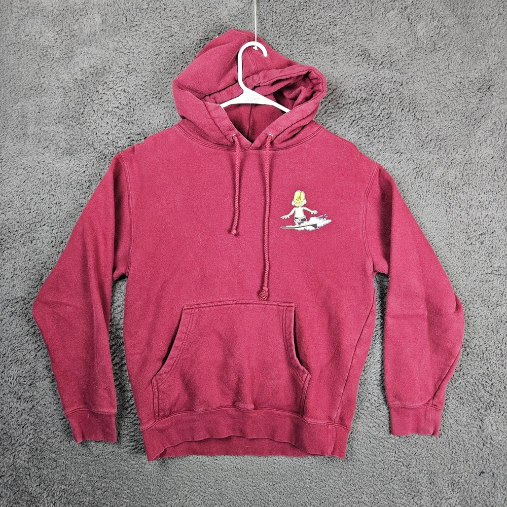Jacks Surfboards Maroon Graphic Pullover Hoodie Mens Small Surfer Character Logo
